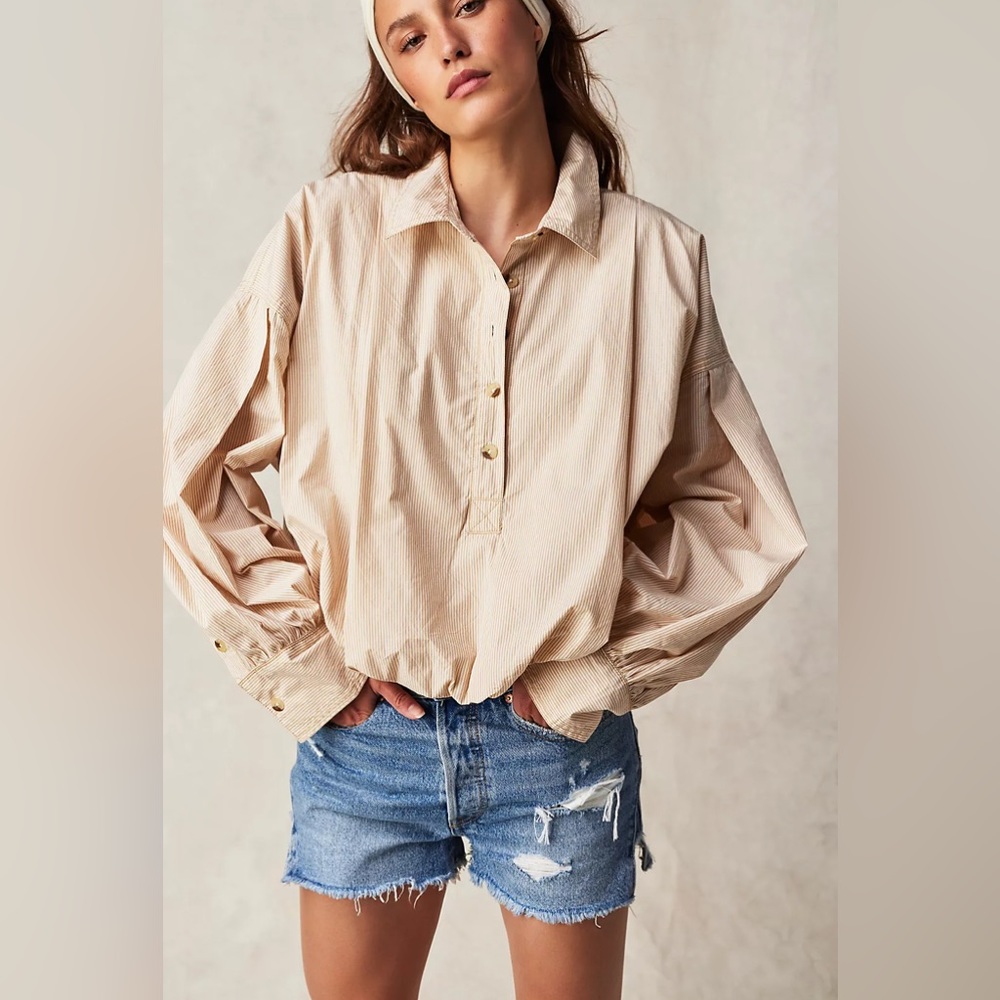 Free People Newport Bubble Stripe Top in Ivory Combo